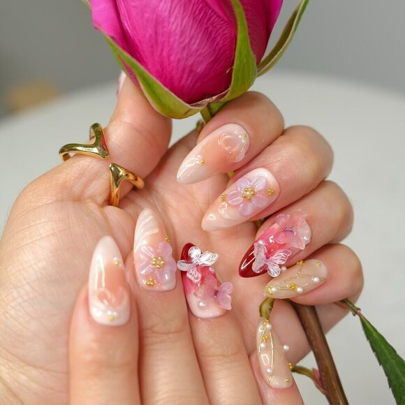 tipsy | Handmade Press On Nails | Almond Medium| Floral 3D Nail | Rosè All Day - Picture 2 of 14